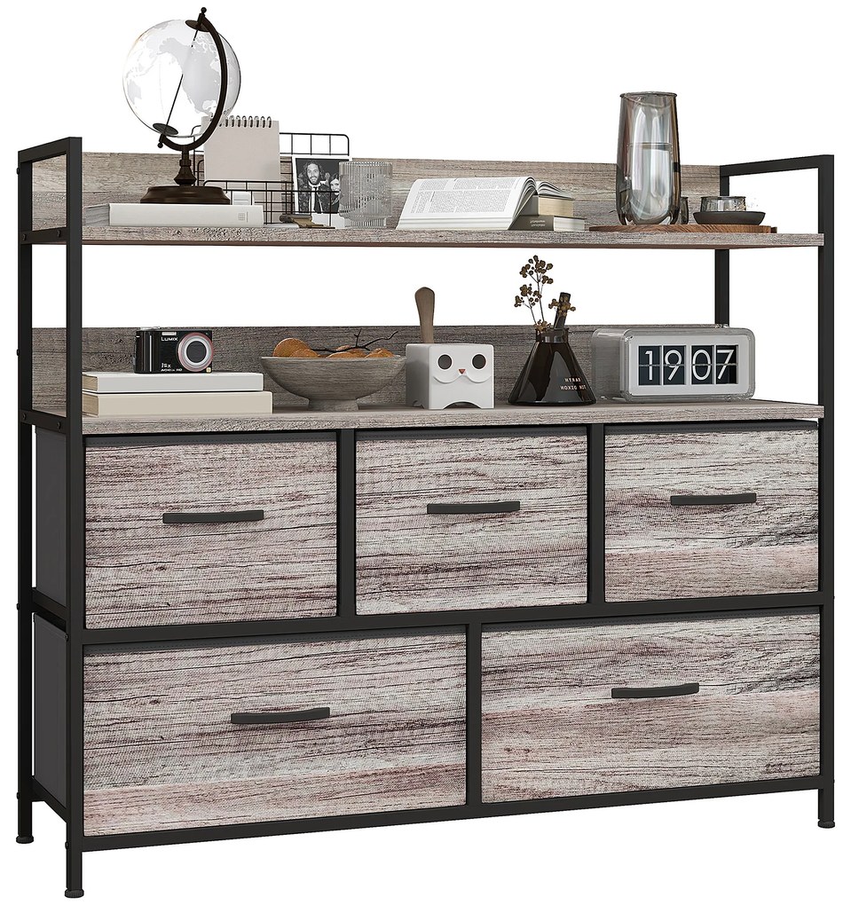 HOMCOM Mobilier de depozitare stil industrial comoda 5 sertare din material textil pliabile și detașabile și rafturi - 98l x 29P x 85H cm | Aosom Romania
