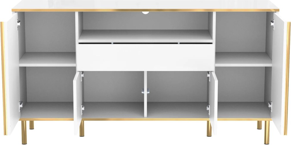 Comodă cu iluminare LED, 4 uși, 1 sertar, 150x40x80 cm, Alb