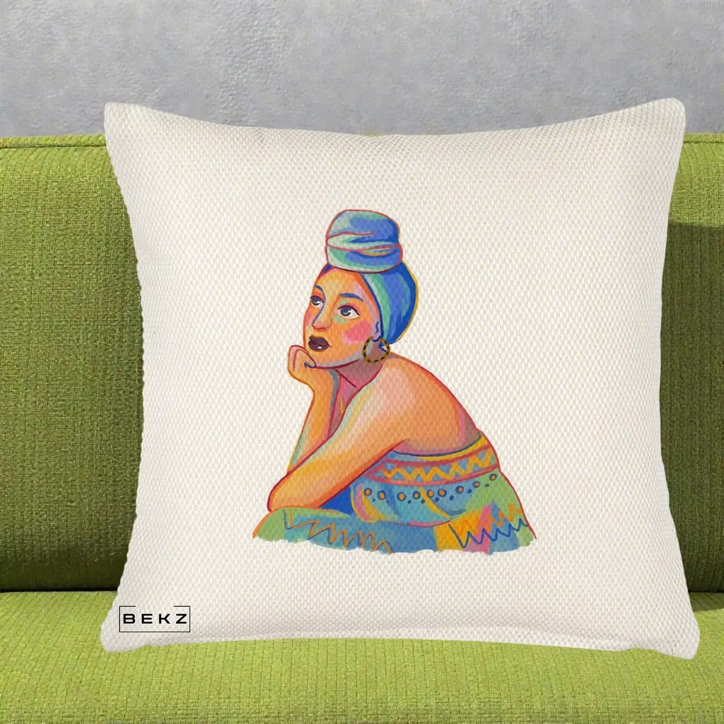 Perna Decorativa Portret Femeie Contemplativa, 40x40 cm, Crem Reliefat, Husa Detasabila, Perna Inclusa, BEKZ®
