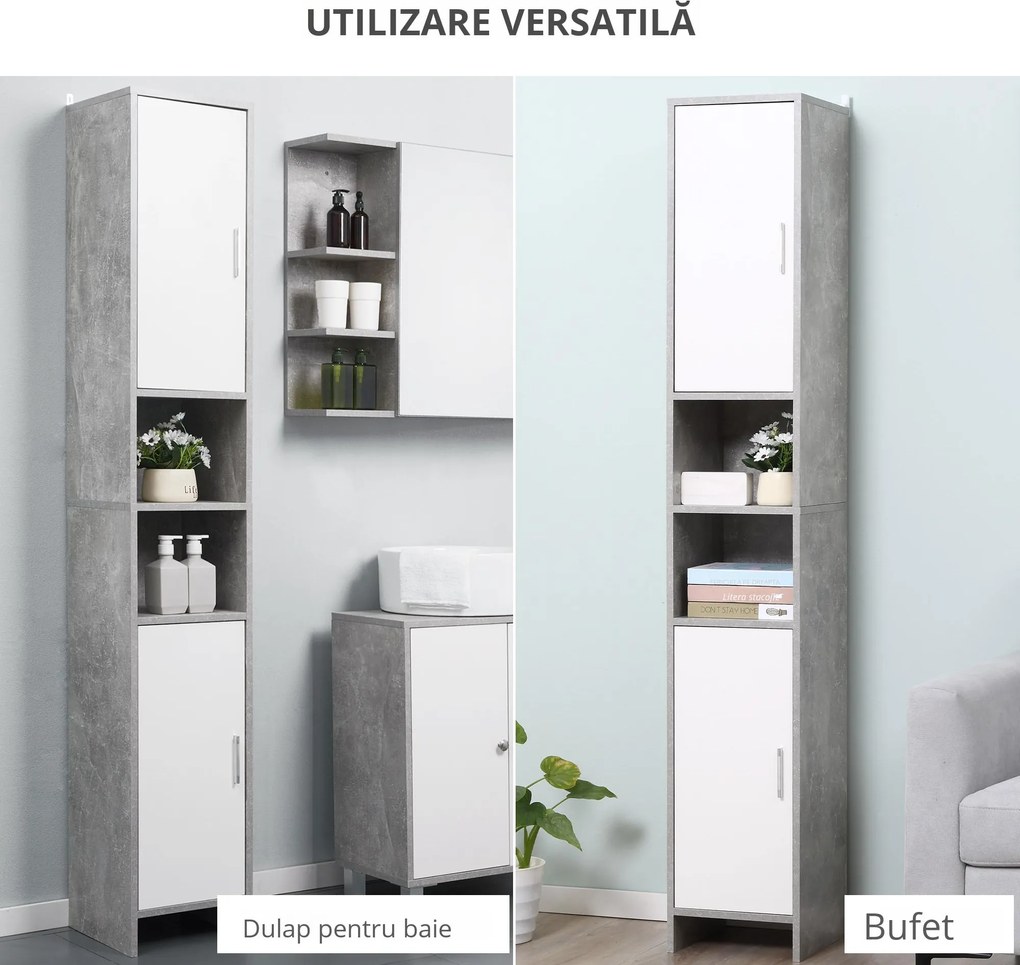 Dulap Baie Kleankin pentru Economisire Spațiu, cu 2 Uși din PAL, Efect Ciment, Gri-Alb, Dimensiuni 30x30x180cm, Ideal pentru Organizare | Aosom Romania