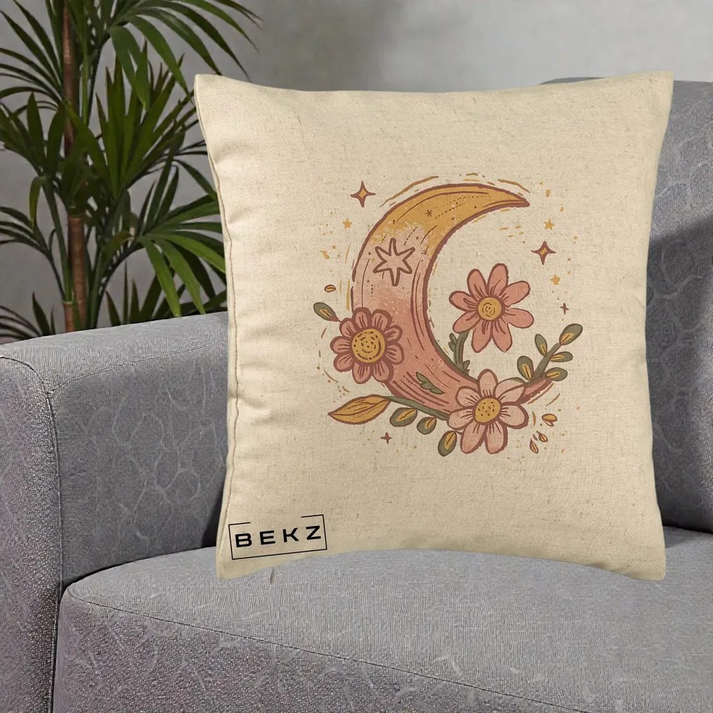 Perna Decorativa Luna Florala Boho, 40x40 cm, Bej, Husa Detasabila, Perna Inclusa, BEKZ®