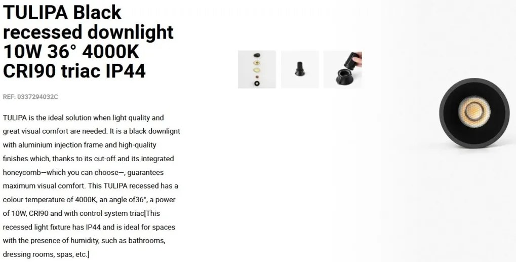 Spot LED incastrabil TULIPA Black recessed downlight 10W 36° 4000K CRI90 triac IP44