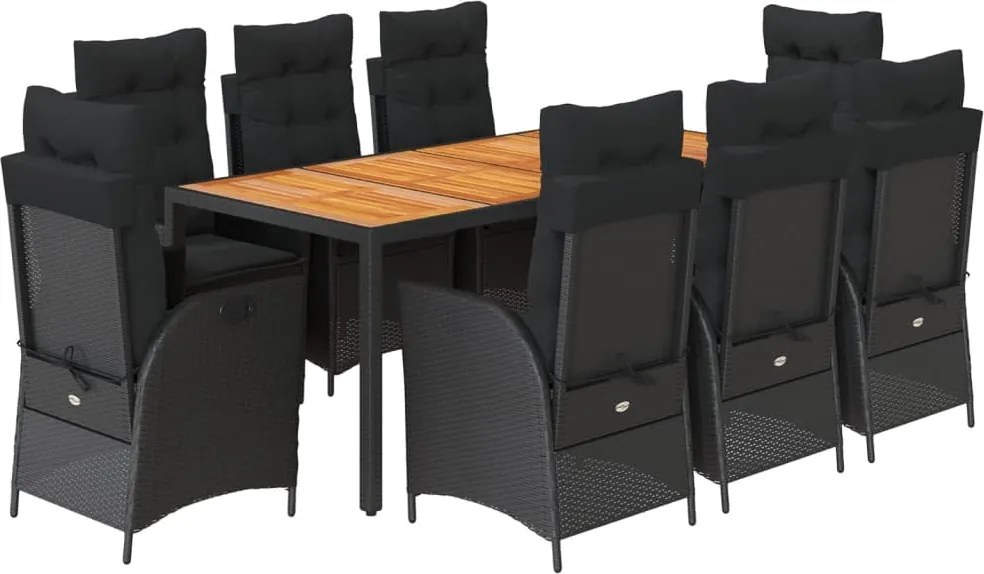 vidaXL Set mobilier de grădină cu perne, 9 piese, negru, poliratan