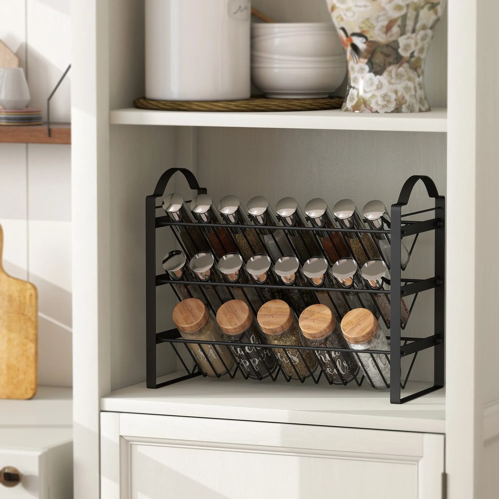 HOMCOM Suport pentru Condimente de Bucătărie cu 3 Nivele, Organizator Salvaspațiu cu Rafturi Înclinate din Metal, Montaj Ușor, Negru | Aosom Romania