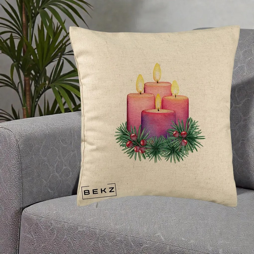 Perna Decorativa Lumanari Advent Roz-Violet, 40x40 cm, Bej, Husa Detasabila, Perna Inclusa, BEKZ®