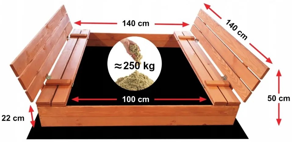 Groapă de nisip pentru copii cu bănci 140 x 140 cm, cu închidere, impregnată