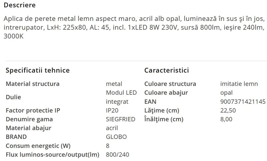 Aplica LED cu iluminat ambiental sus/jos SIEGFRIED aspect lemn 8W