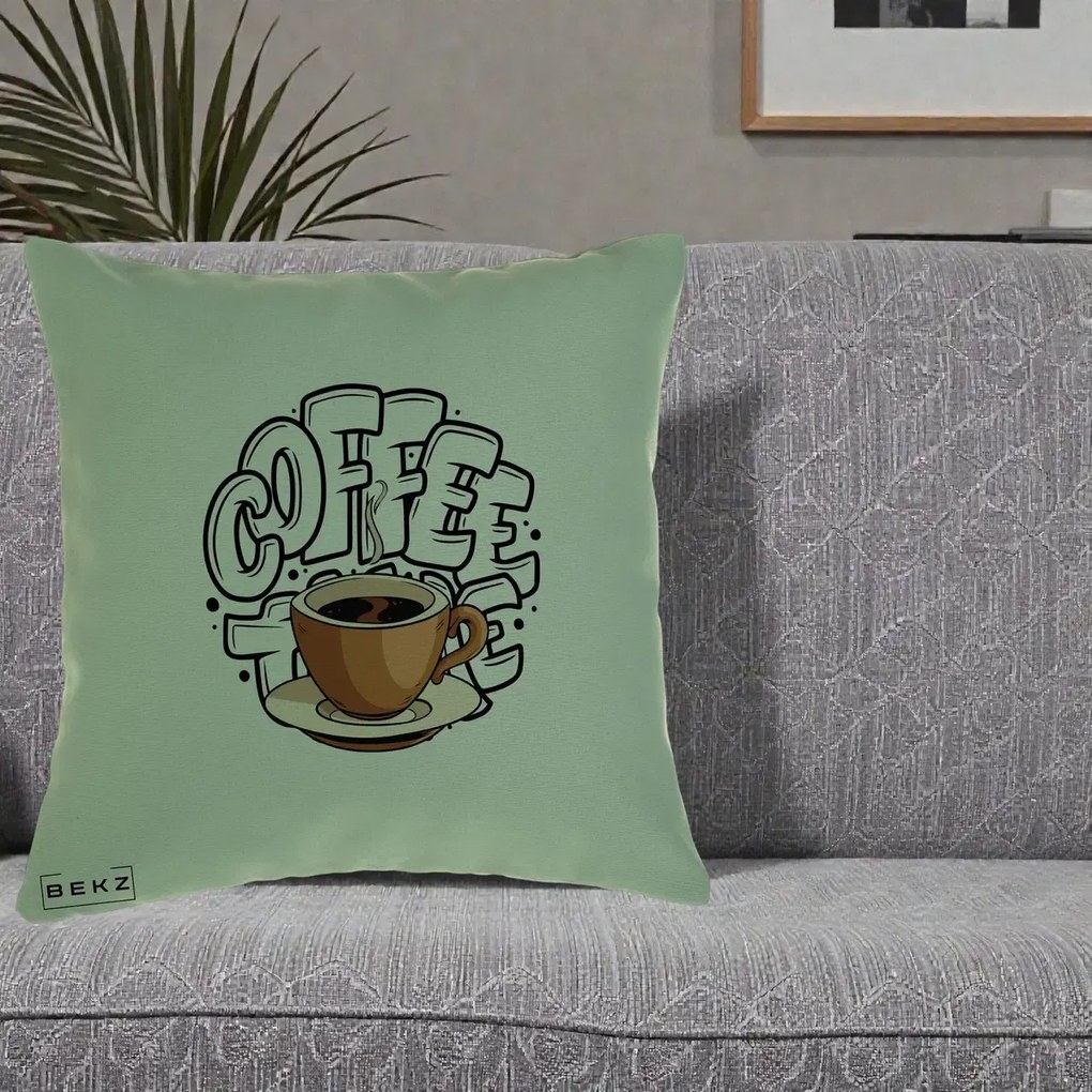 Perna Personalizata COFFEE cu Cana, 40x40 cm, Verde, Husa Detasabila, Perna Inclusa, BEKZ®