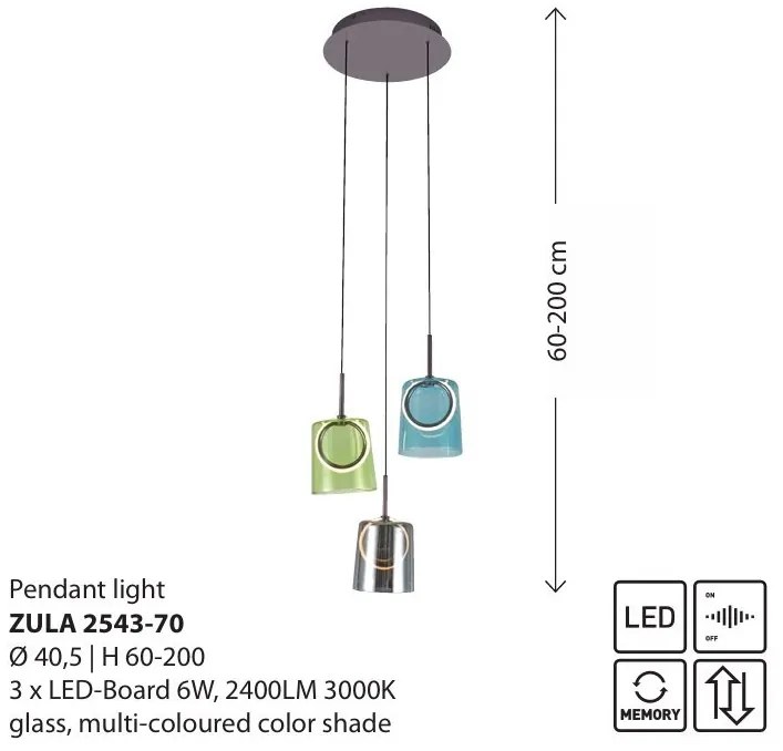 Lustra cu 3 pendule LED, inaltime reglabila, sticla, multicolor, Zula