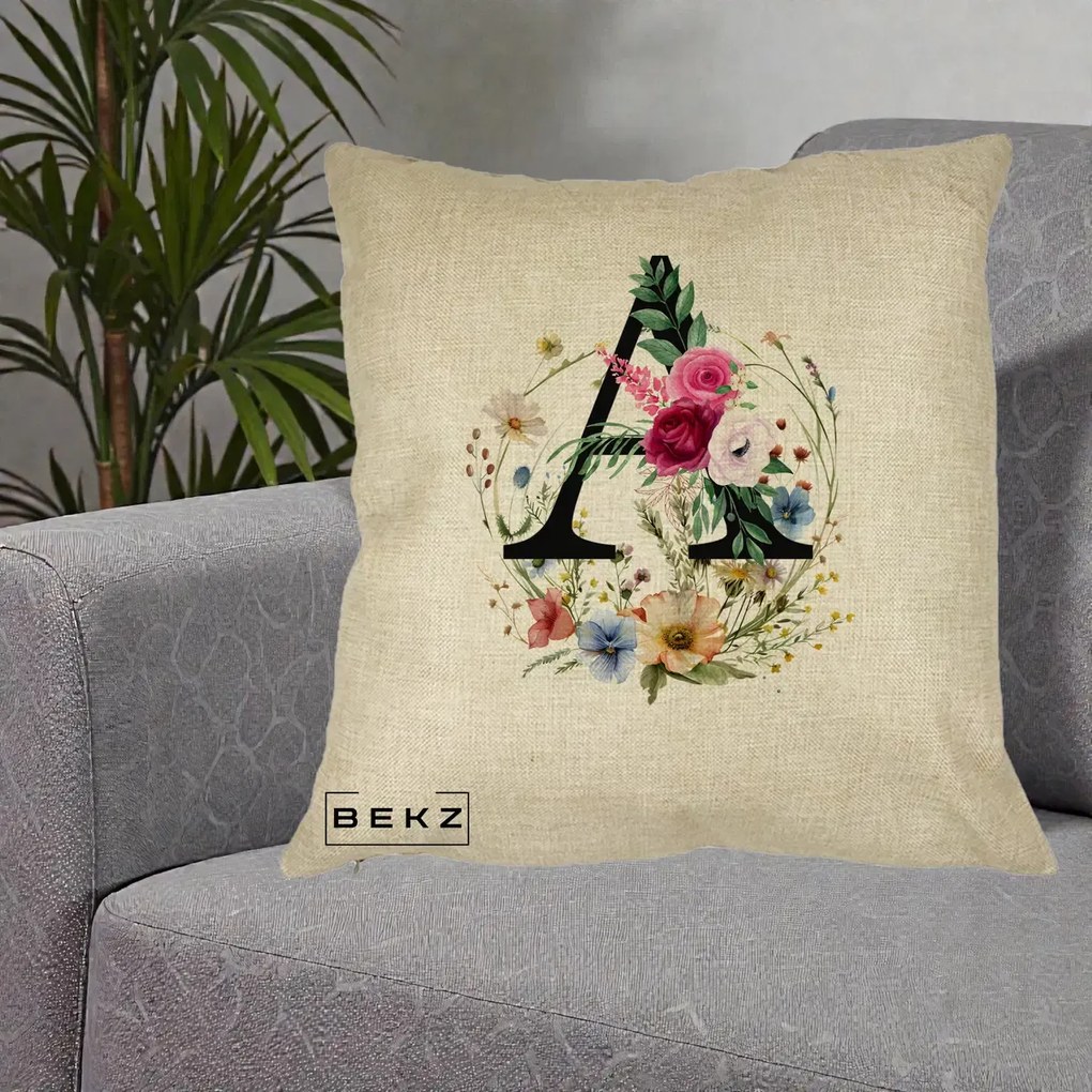 Cadou Personalizat - Perna Personalizata Monogram Litera A cu Flori Acuarela, 40x40 cm, Crem, Husa Detasabila, Perna Inclusa, BEKZ®
