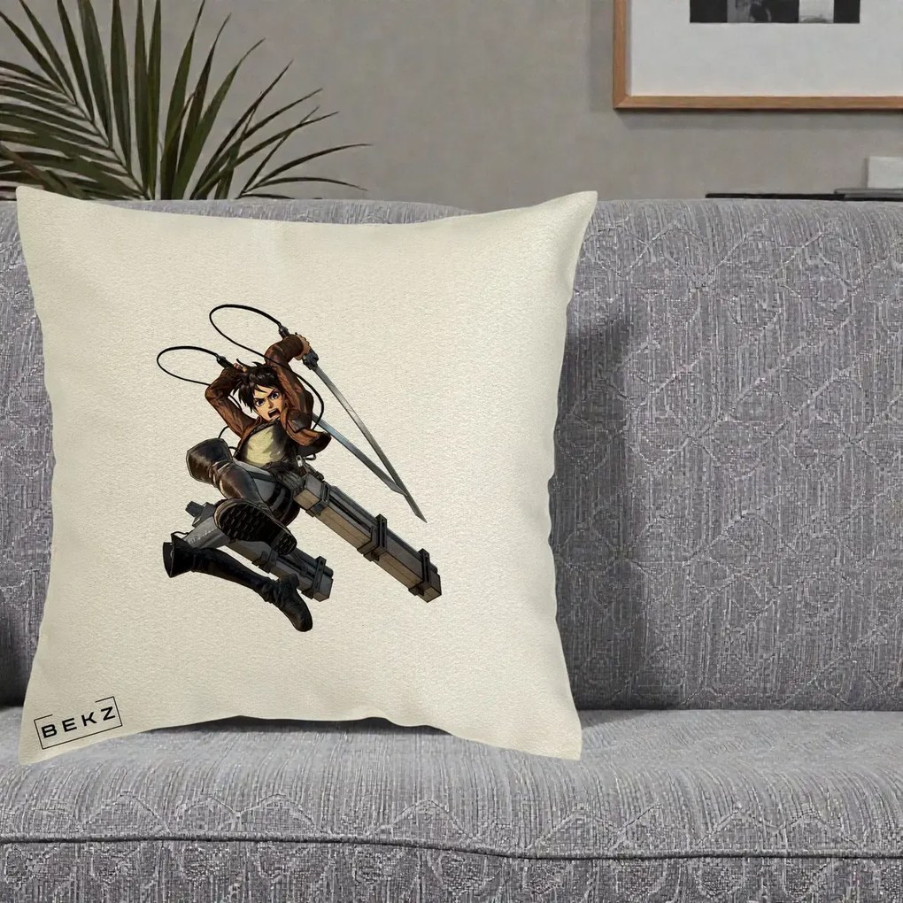 Perna Personalizata Attack on Titan Eren Yeager Lupta, 40x40 cm, Ecru, Husa Detasabila, Perna Inclusa, BEKZ®