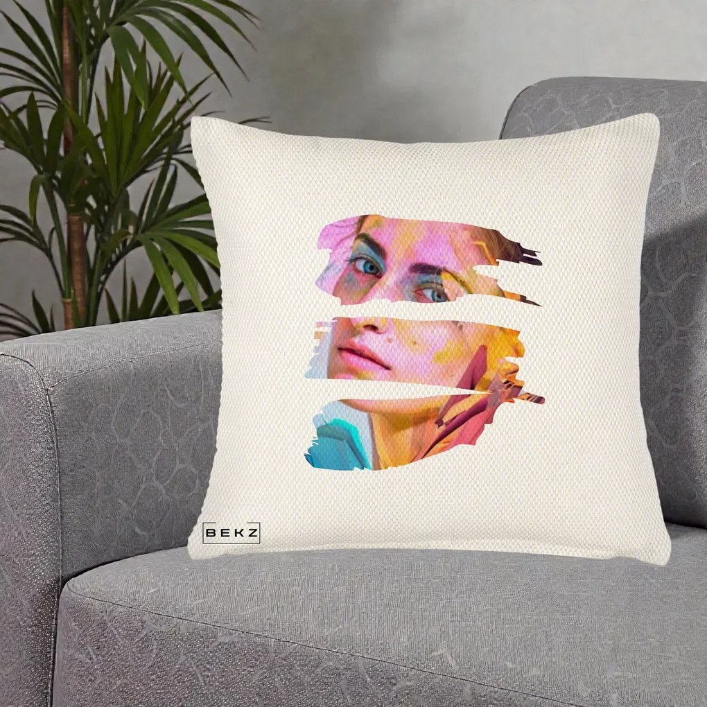 Perna Decorativa Portret Femeie Fragmentat Colorat, 40x40 cm, Crem Reliefat, Husa Detasabila, Perna Inclusa, BEKZ®