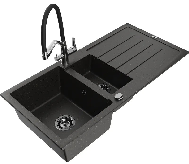 Mexen Andres chiuvetă din granit cu 1,5 camere cu scurgător și robinet de bucătărie Duo, negru/auriu metalic