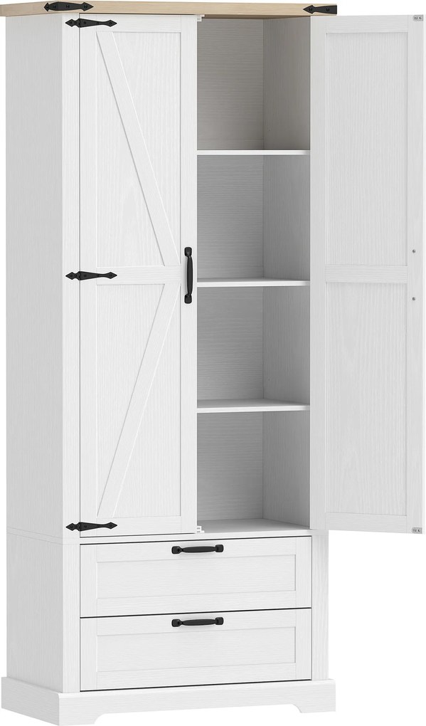 HOMCOM Bufet înalt pentru bucătărie, dulap de bucătărie cu 2 uși, 2 sertare, rafturi reglabile, stil rustic, 76x40x180cm, alb | Aosom Romania