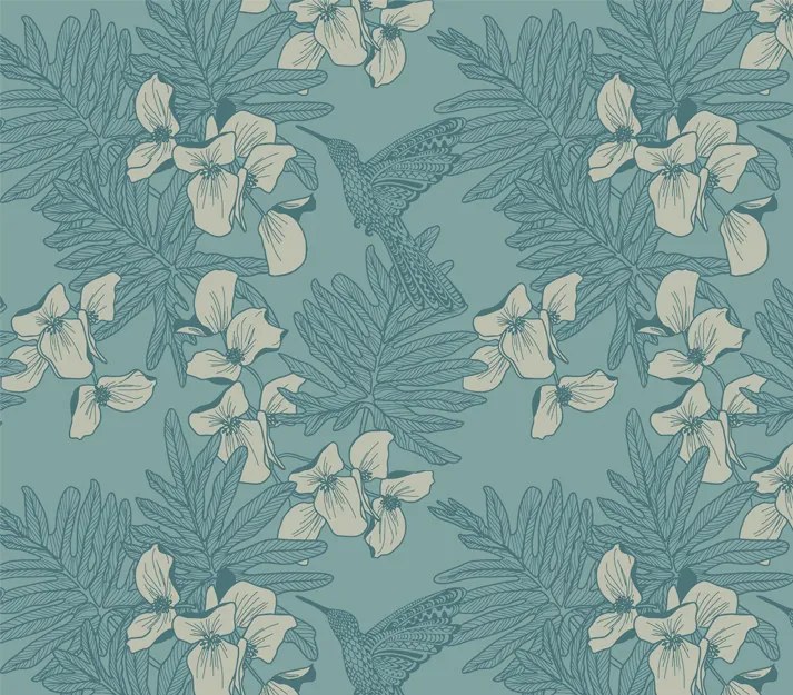 Tapet Hummingbird, Seafoam Teal Luxury Bird, 1838 Wallcoverings, 5.3mp / rola