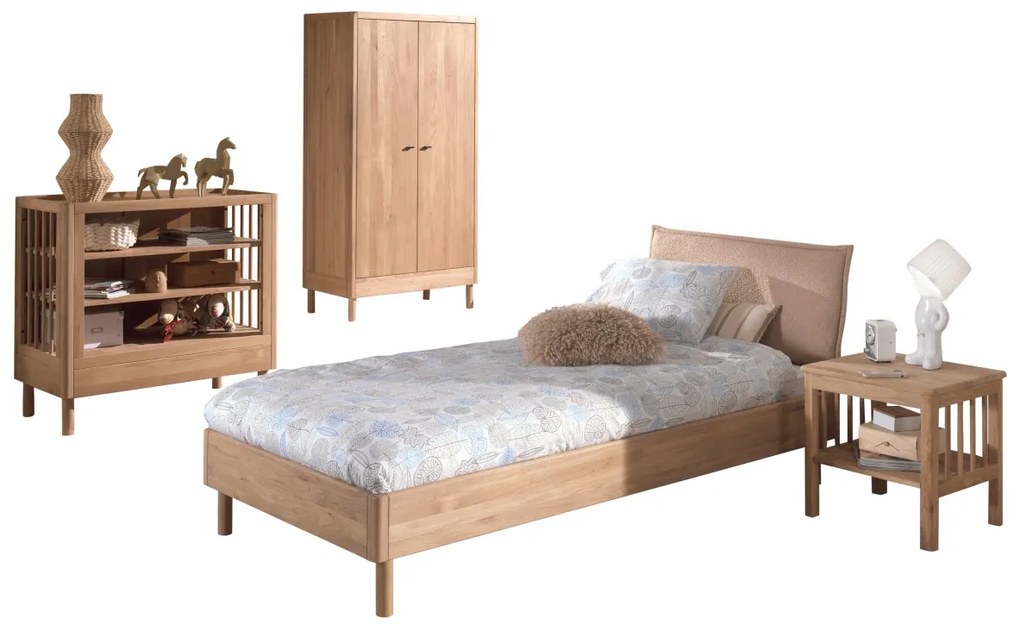 Set Complet Mobilier Camera Copii Forrest Oak, Pat 90x200 cm, Dulap cu 2 Uși, Noptieră și Masă de Înfășat, din Lemn Masiv de Stejar, Natur – Vipack