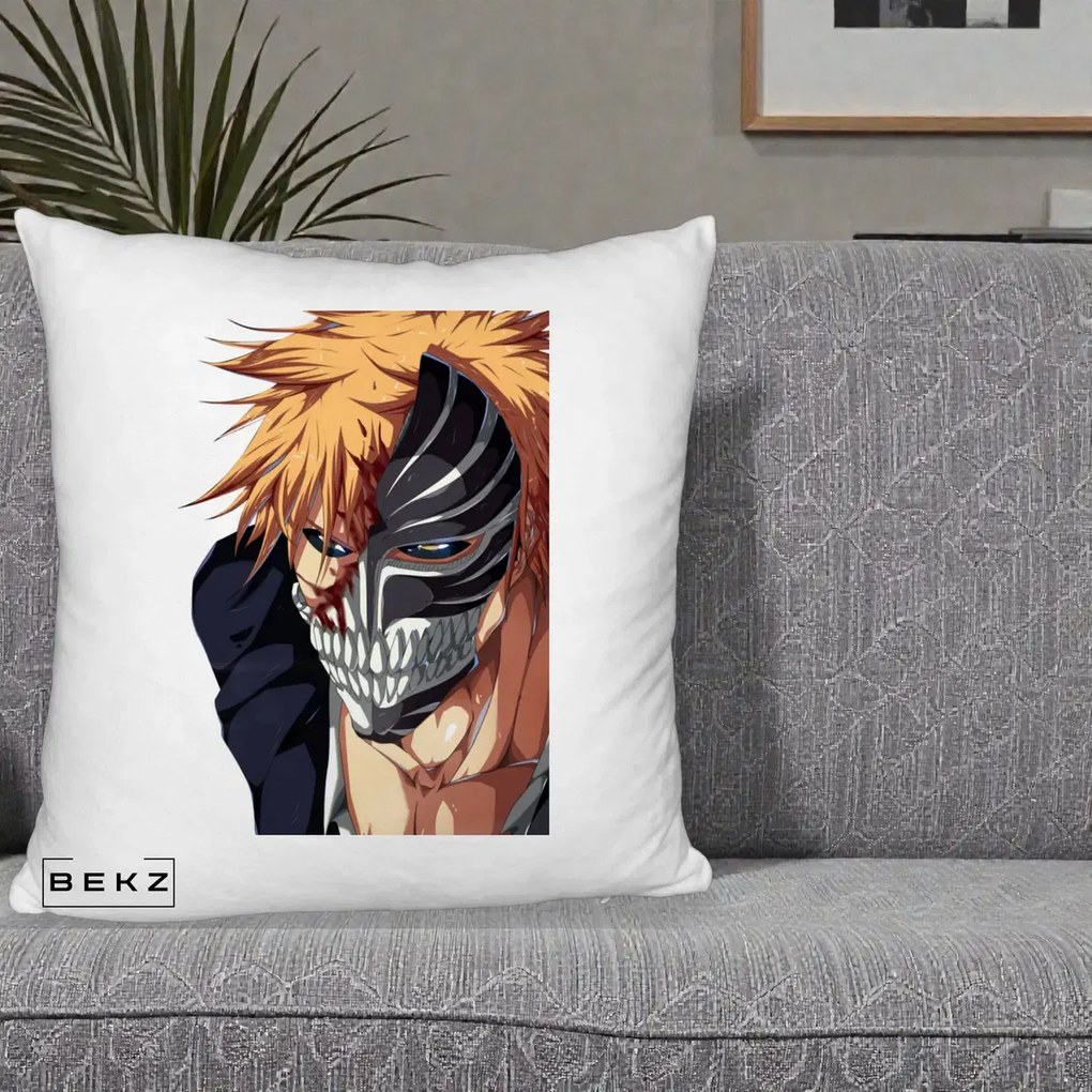 Perna Personalizata Bleach Ichigo Masca Hollow, 40x40 cm, Alb Pufos, Husa Detasabila, Perna Inclusa, BEKZ®