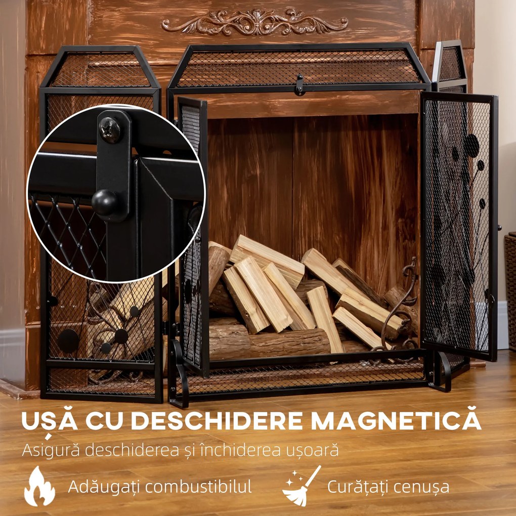 HOMCOM Paravan Antiscantei pentru Semîneu, Pliabil, Usa Magnetica, din Metal Otel, Negru, 125 x 80 cm Pliabil Magnetica | Aosom Romania