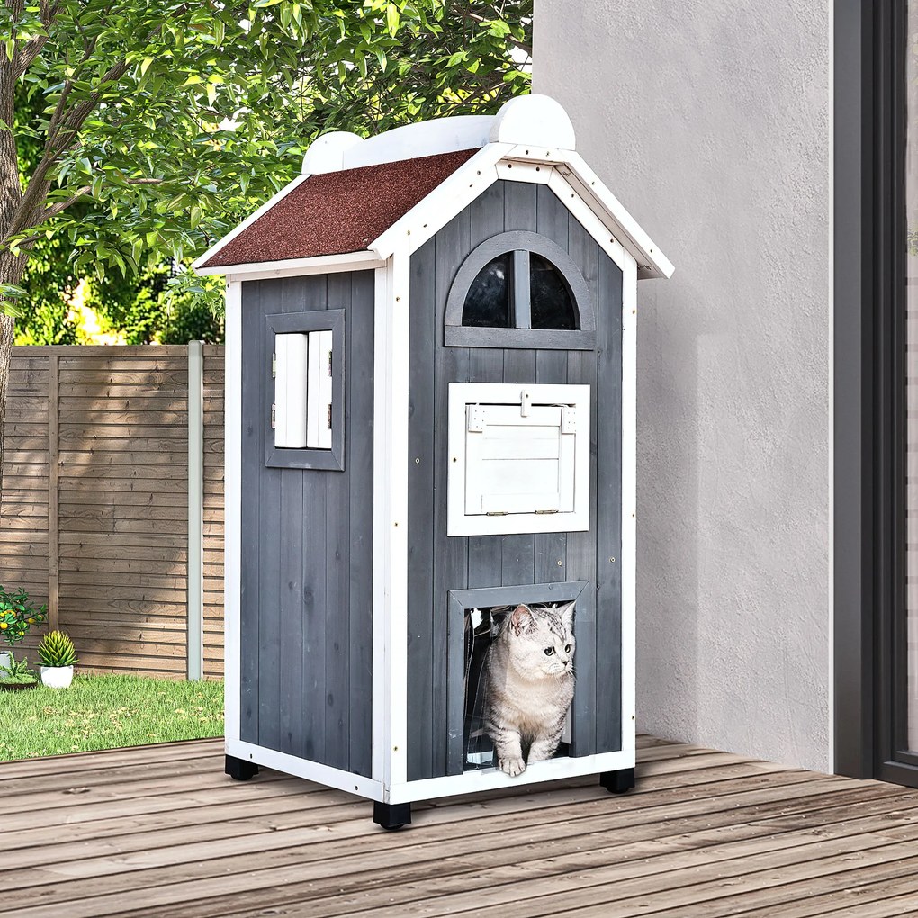 PawHut Casa pentru pisici cu pat sau litieră pentru pisici, dulap pentru pisici, toaletă pentru pisici în interior, lemn de brad, acoperiș de asfalt, Gri, 59 x 55 x 109 cm | Aosom Romania