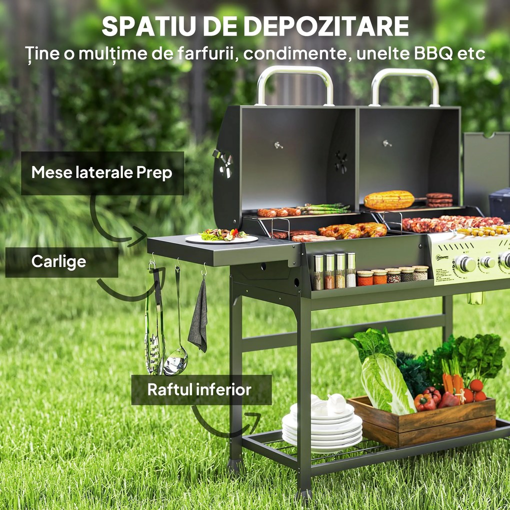 Outsunny Grill Gaz-Cărbune, 3 Arzătoare 7kW, Negru | Aosom Romania