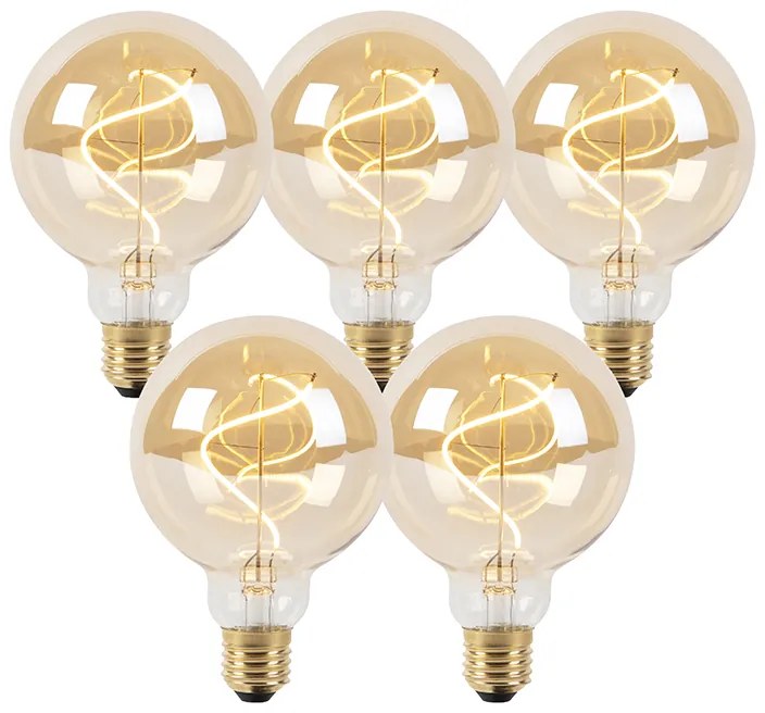Set de 5 becuri LED cu filament spiralat E27 reglabile G95 auriu 4W 270lm 2100K