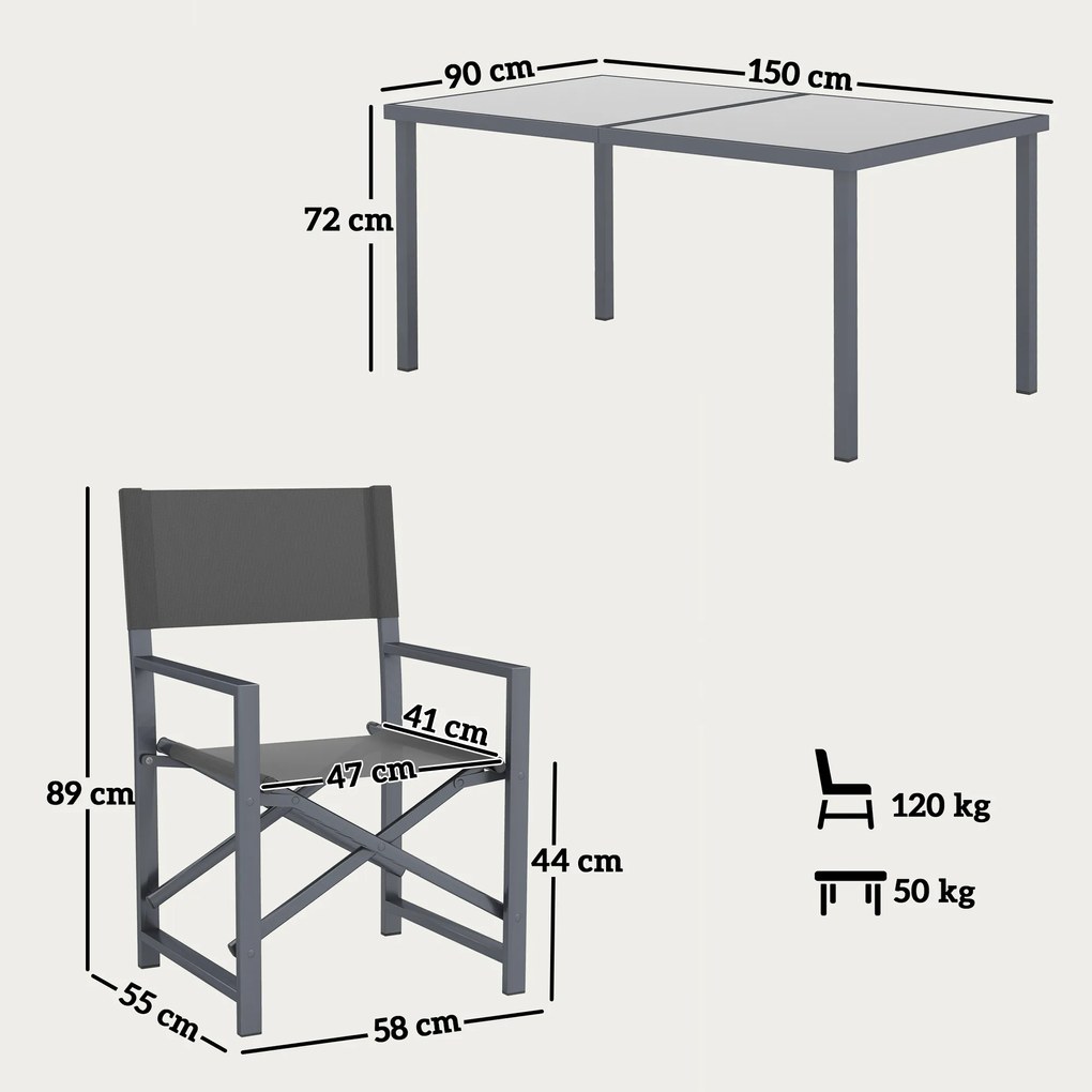 Outsunny Set de masă pentru 5 persoane Grup de scaune din oțel cu 4 scaune pliante Masă de sticlă Gri | Aosom Romania
