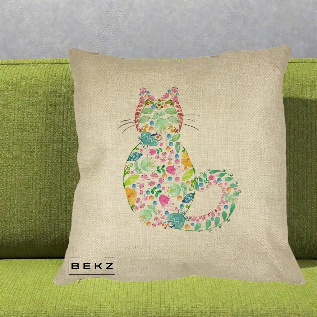 Perna Decorativa Pisica Florala Acuarela, 40x40 cm, Crem, Husa Detasabila, Perna Inclusa, BEKZ®