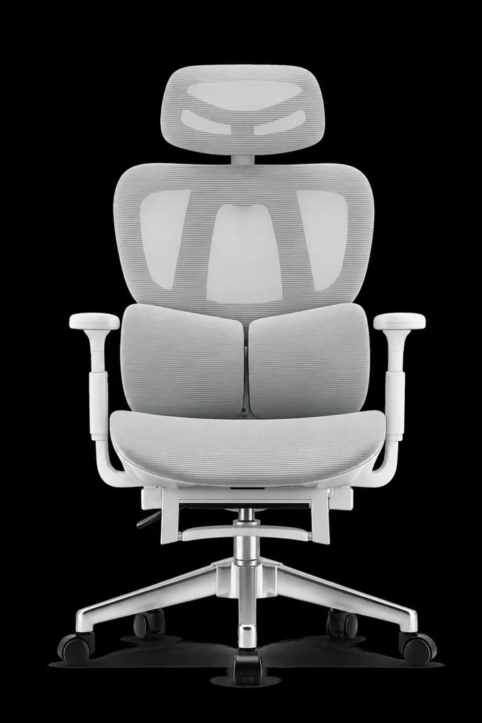 MILANO E06 Executive – Scaun Ergonomic cu Suport Lombar Reglabil în 2 Trepte, Tetieră Reglabilă, Cotiere 3D, Reclinare 135°, Suport pentru Picioare și Bază Metalică, Mesh, Gri