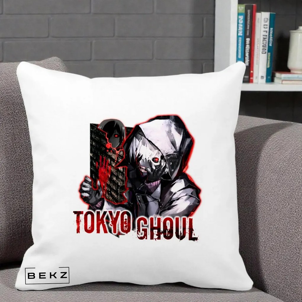 Perna Personalizata Tokyo Ghoul Ken Kaneki Anime, 40x40 cm, Alba Mata, Husa Detasabila, Perna Inclusa, BEKZ®