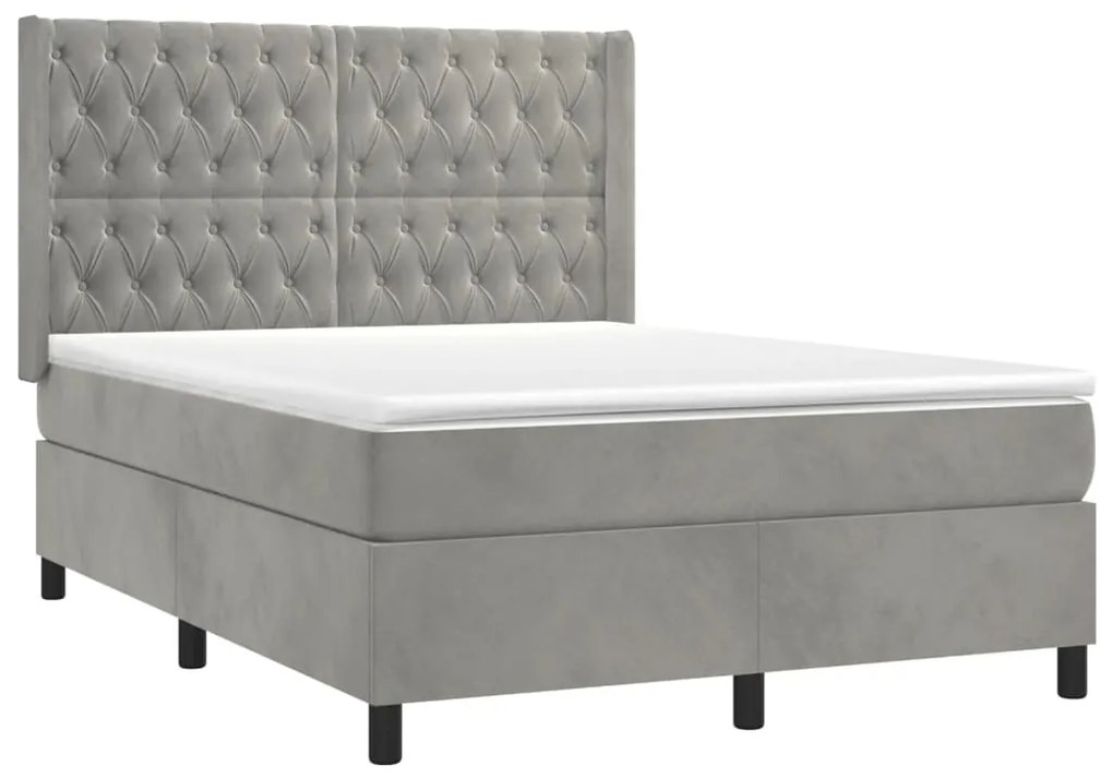 Pat box spring cu saltea, gri deschis, 140x200 cm, catifea Gri deschis, 140 x 200 cm, Design cu nasturi