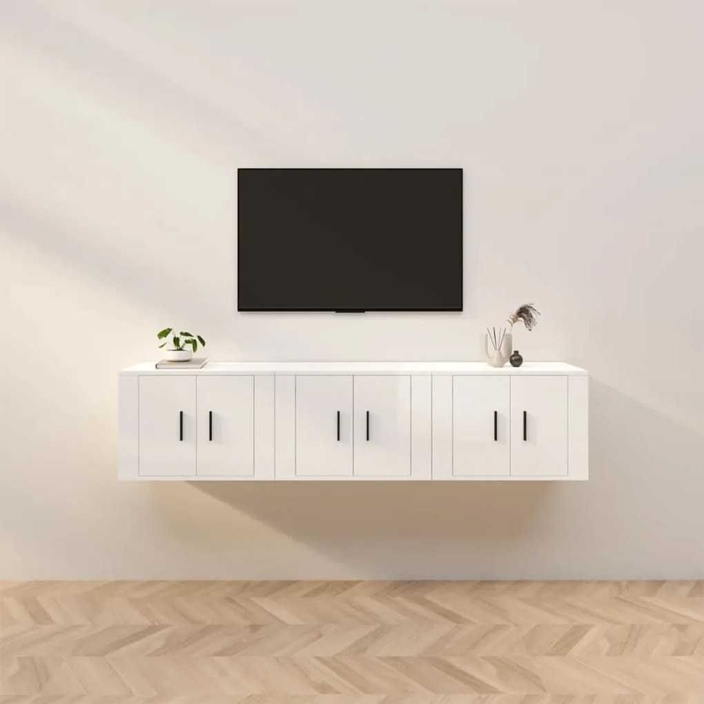vidaXL Dulapuri TV montate perete 3 buc. alb extralucios 57x34,5x40 cm