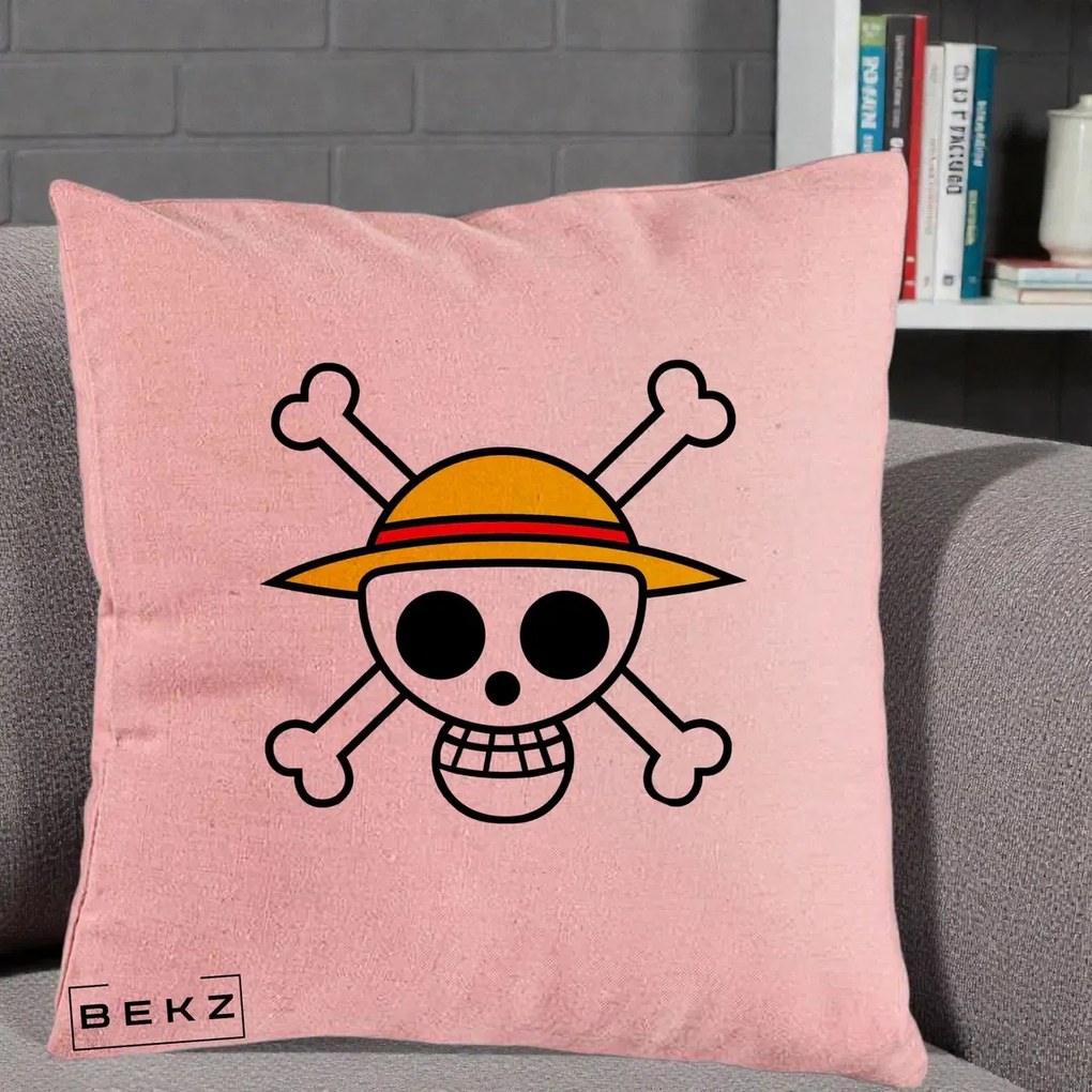 Perna Personalizata One Piece Jolly Roger Straw Hat Pirates, 40x40 cm, Roz, Husa Detasabila, Perna Inclusa, BEKZ®