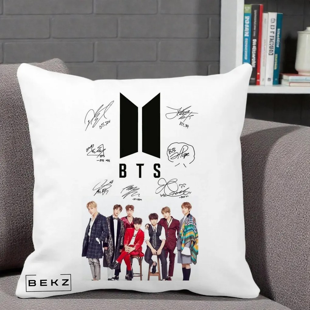 Perna Personalizata K-pop BTS Semnaturi Foto, 40x40 cm, Alba Mata, Husa Detasabila, Perna Inclusa, BEKZ®