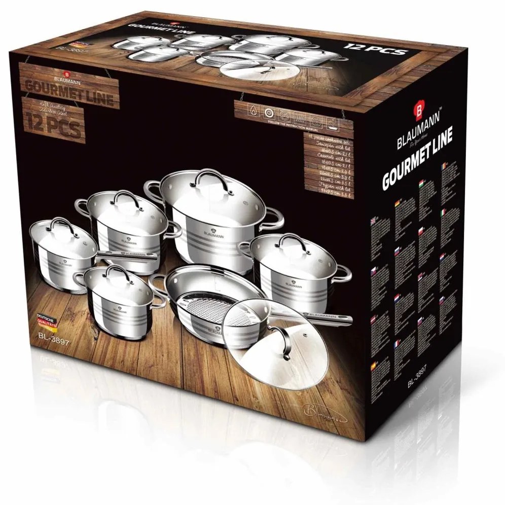 Set oale si tigaie inox 12 piese cu capace de sticla, de calitate, gatire sanatoasa, Gourmet Line Blaumann BL 3897