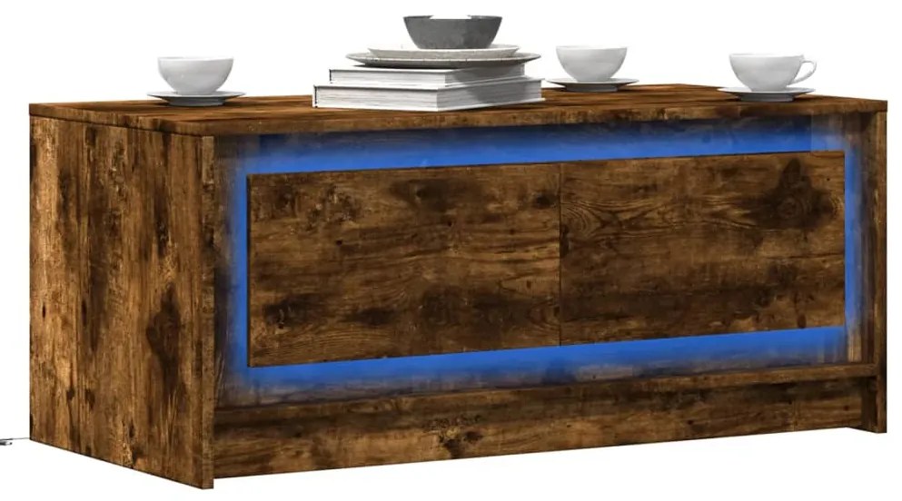 vidaXL Măsuță de cafea cu lumini LED, stejar fumuriu, lemn prelucrat