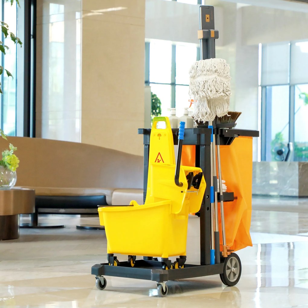 HOMCOM Cărucior de Curățenie Profesional cu 3 Rafturi, Cârlige pentru Mătură și Sac de 100L, Dimensiuni 121x50,5x96,5 cm, Negru | Aosom Romania