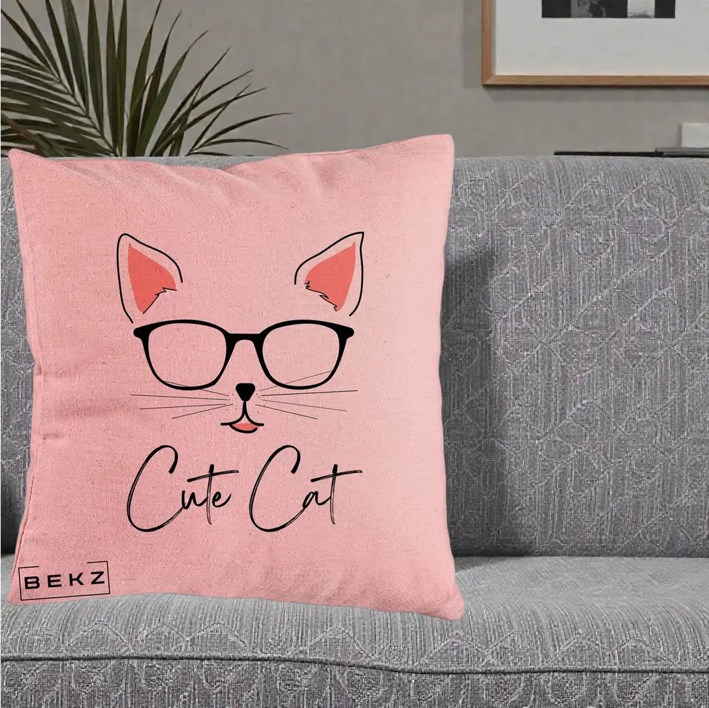 Perna Personalizata Cute Cat cu Ochelari, 40x40 cm, Roz, Husa Detasabila, Perna Inclusa, BEKZ®