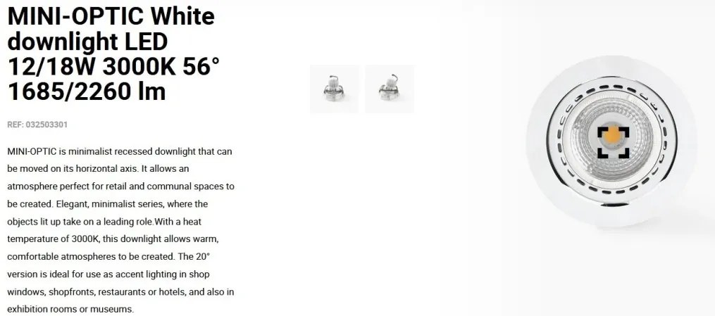 Spot LED incastrabil MINI-OPTIC White downlight LED 12/18W 3000K 56° 1685/2260 lm