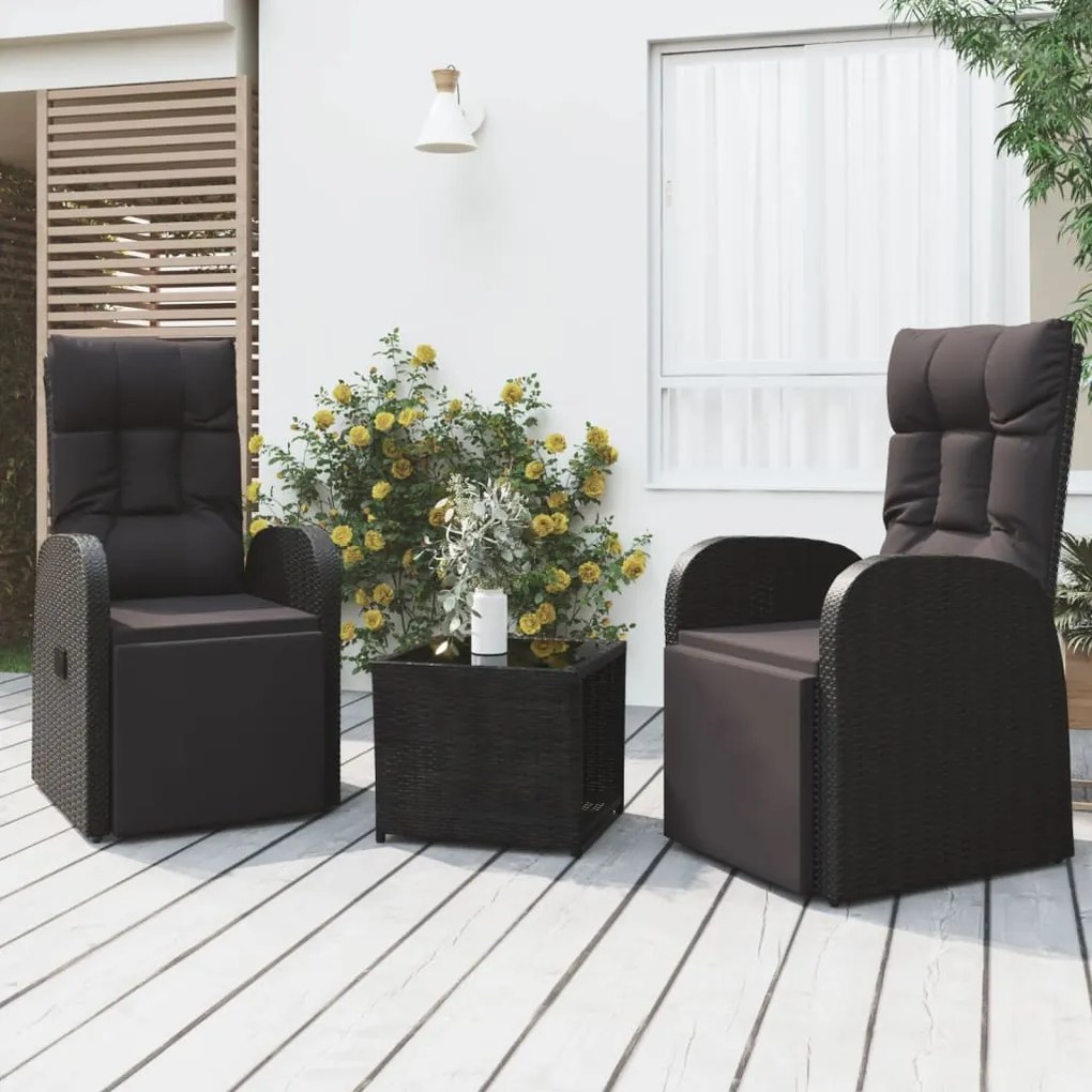 vidaXL Set șezlonguri grădină, 3 piese, negru, poliratan&amp;oțel