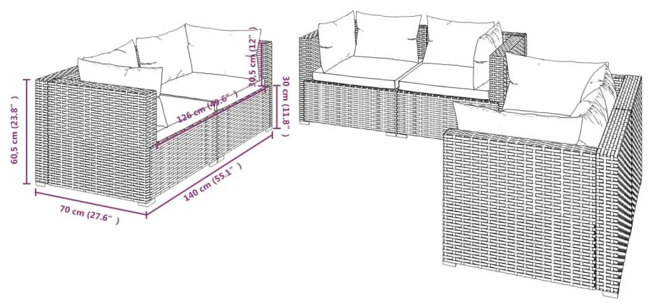 Set mobilier de gradina cu perne, 6 piese, negru, poliratan negru si crem, 6x colt, 1