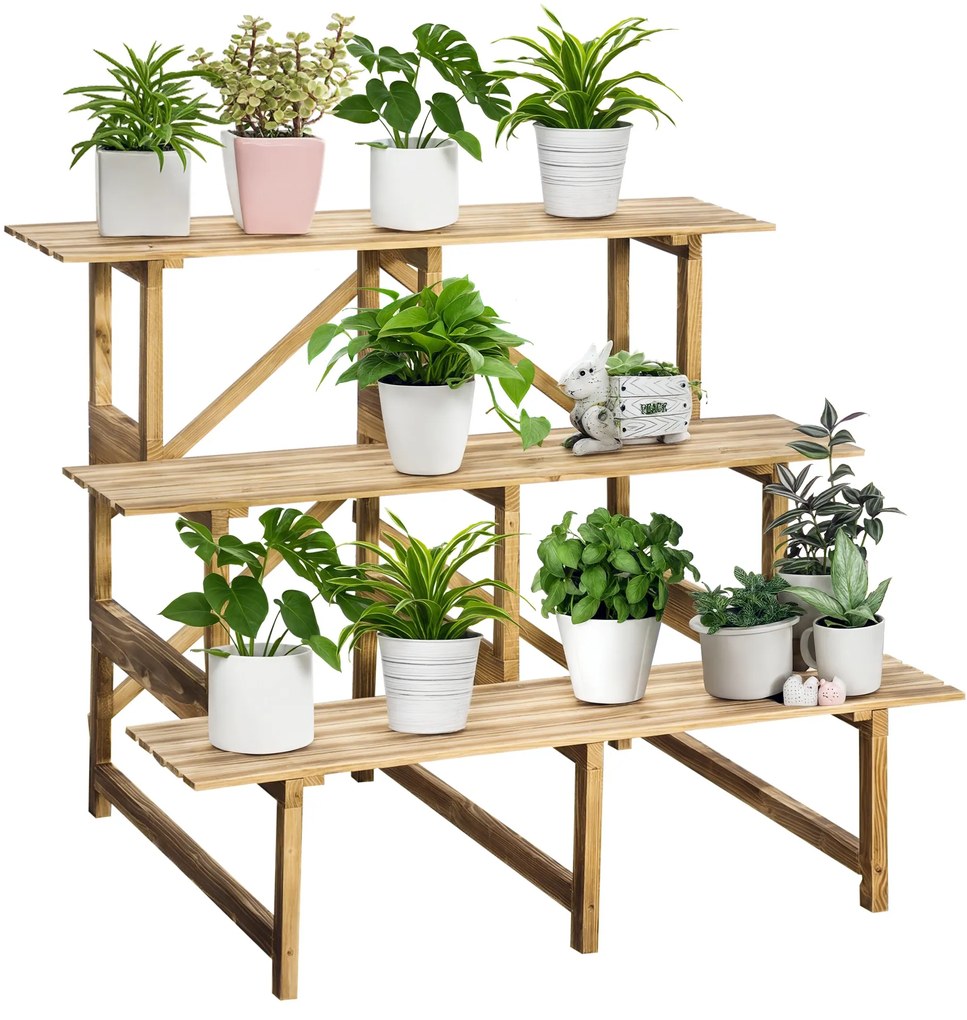 Outsunny suport de flori pliabil cu 3 etaje, din lemn natural, 78 cm, pentru interior și exterior | Aosom Romania