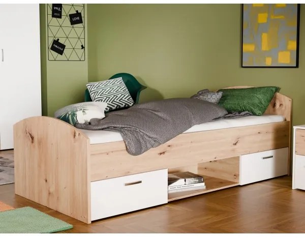 Pat single URO cu spațiu de depozitare, 90x200 cm, stejar artisan/alb