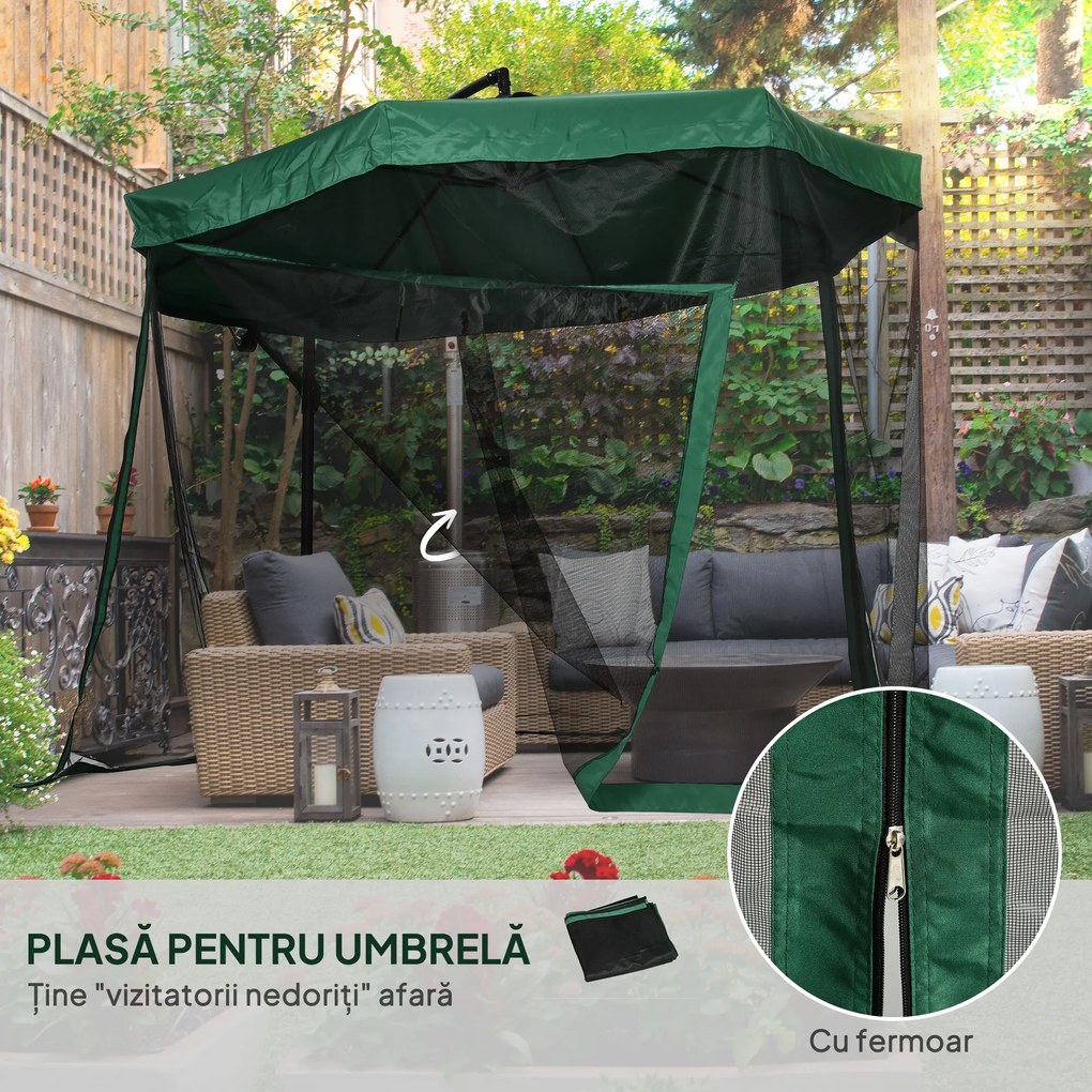 Outsunny Umbrelă de Soare cu Plasă de Țânțari, Umbrelă de Soare cu Deschidere Manivelă și Bază Transversală, 295x295x240 cm, Verde | Aosom Romania