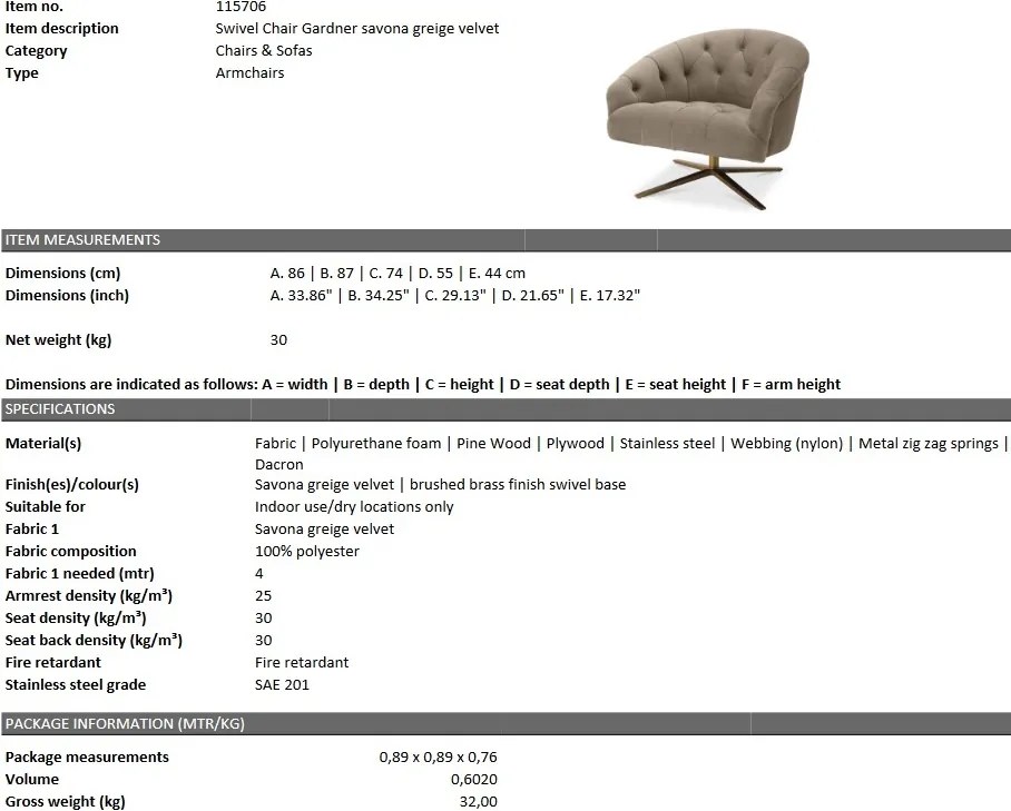 Scaun pivotant design elegant LUX Gardner, savona greige 115706 HZ