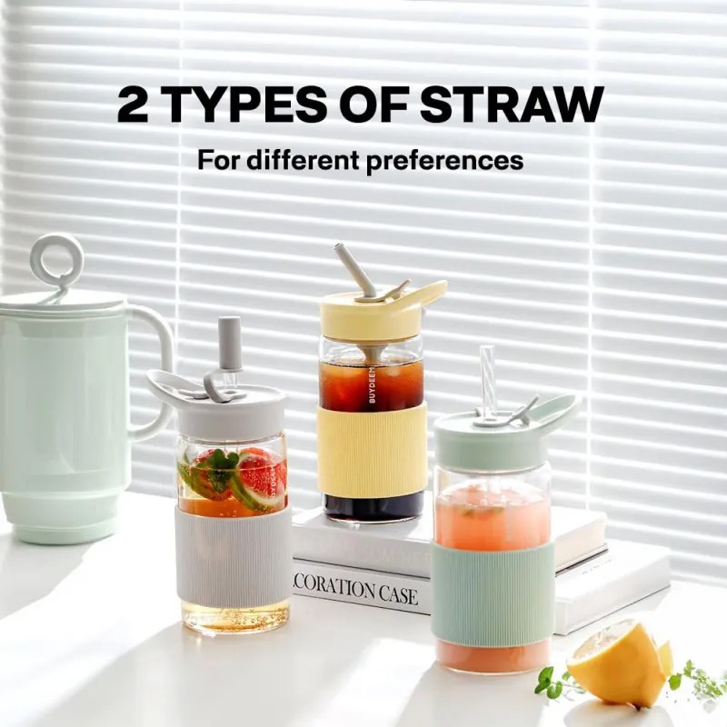 Sticla Buydeem CD1017-OW, 500 ml, Pai incorporat, Rezistenta la scurgeri, Sticla rezistenta la caldura pana la 150°C, Fara BPA, Alb