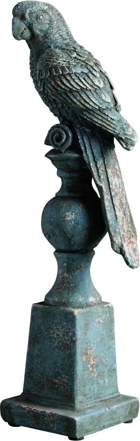 Statuie decorativa papagal pe suport din rășină, finisaj albastru antichizat, H37 cm
