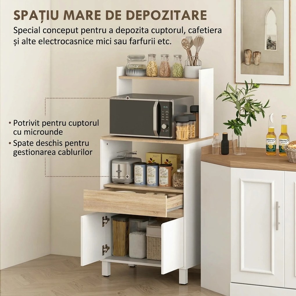 HOMCOM Dulap pentru Microunde din Lemn cu Raft, Blat Deschis, Sertar și Dulap, 60x40x131 cm, Alb | Aosom Romania