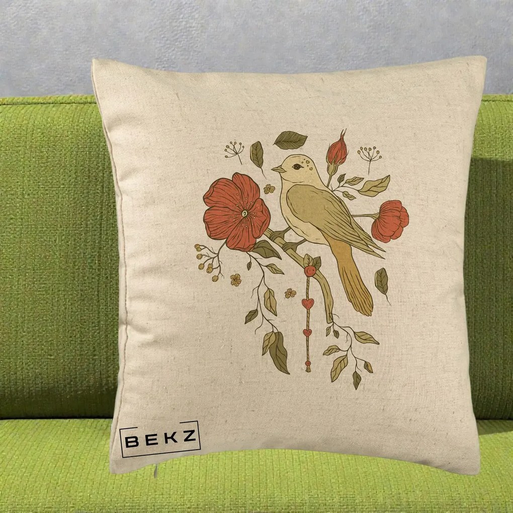Perna Decorativa Pasare pe Ramura cu Maci, 40x40 cm, Bej, Husa Detasabila, Perna Inclusa, BEKZ®