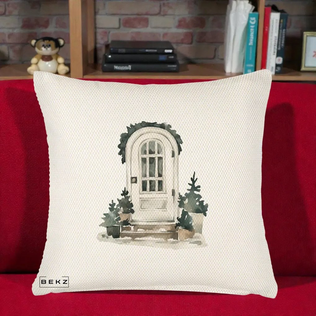 Perna Decorativa Usa de Iarna Watercolor, 40x40 cm, Crem Reliefat, Husa Detasabila, Perna Inclusa, BEKZ®