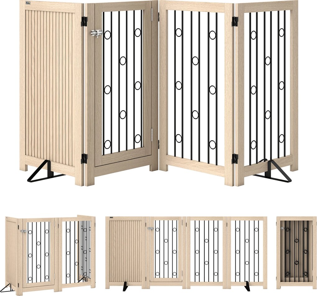 PawHut Poartă pentru animale independentă, poartă pentru câini cu ușă, 4 panouri, pentru hol, scară, tocul ușii, MDF, oțel | Aosom Romania